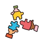 drie handen die elk een puzzelstukje vathouden. Ze bewegen naar elkaar toe omdat zij willen samenwerken
