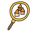 een vergrootglas wat drie huizen laat zien, zodat er goed aangesloten kan worden op de buurt.