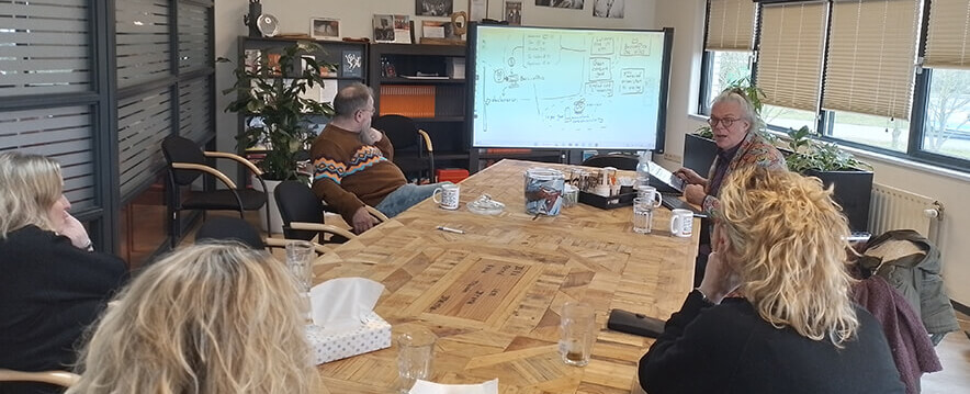 Ik ben aan het werk bij Oranjeborg. Op de foto zie je een groep vergaderende menen. En in het midden zit ik, dchuin voor het projectiescherm. Daarop zijn mijn tekeningen te zien.