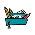 een levensgrote toolbox met potloden en een tekening