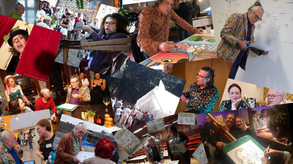 Collage van 30 jaar ervaring van Frank Los: van karikaturen en optredens tot workshops en visuele sessie